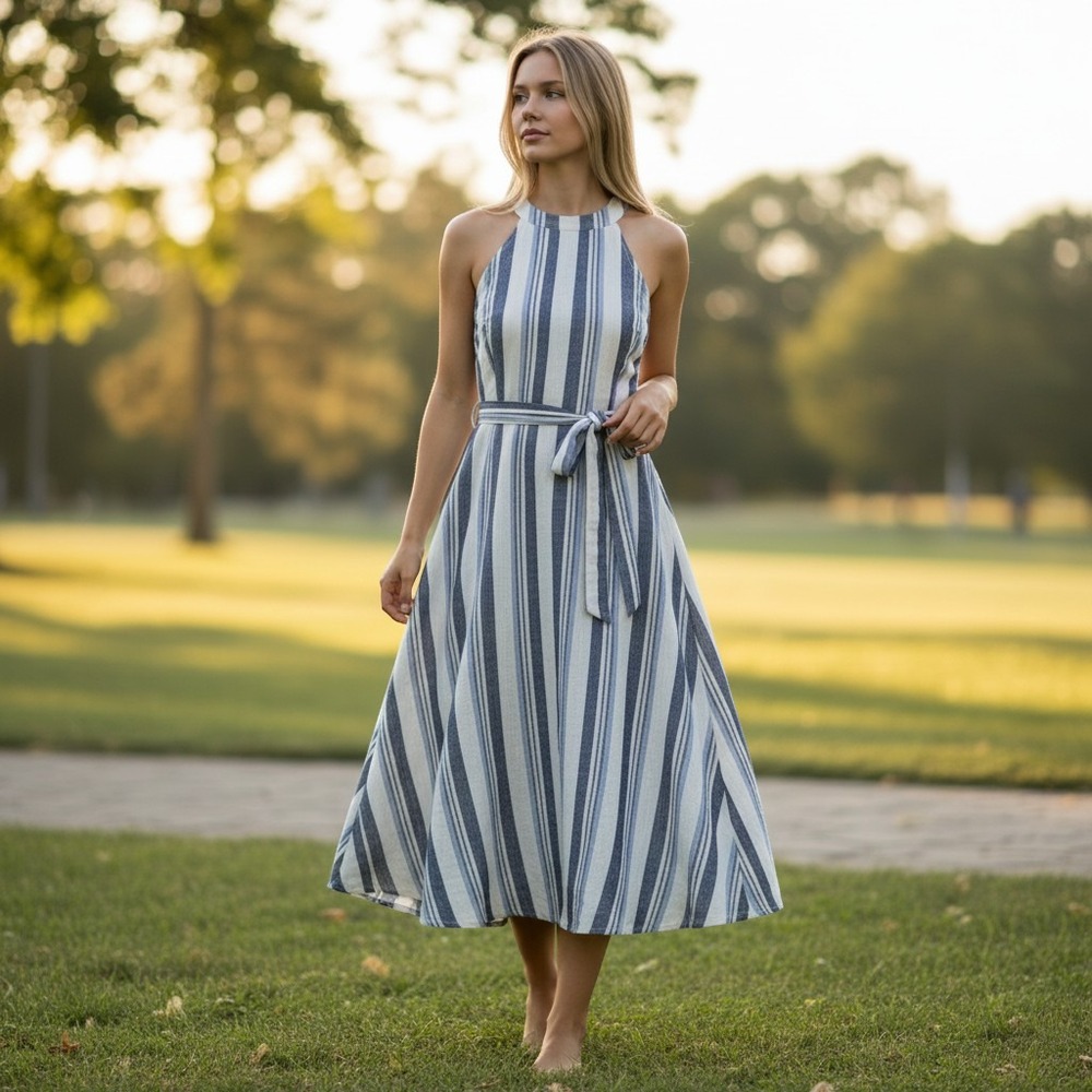 Doe & Rae Blue White Striped 100% Linen Halter Midi Dress Tie Waist Size Large
